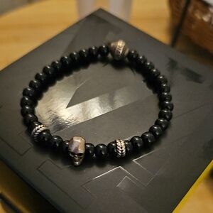 RARE Invicta Black Beaded Bracelet with Silver Skull Accents 925 Sterling Silver